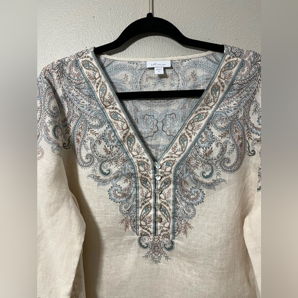 J.Jill Linen Ornate Paisley Tunic Top V Neck Paisley 3/4 Sleeves Size L tall - Picture 5 of 11